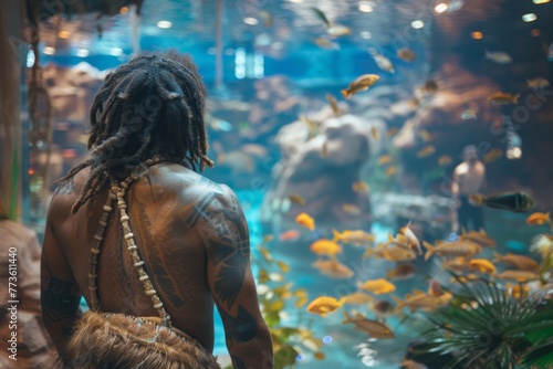 A Neanderthal marveling at the fish in an aquarium style decoration in the mall.