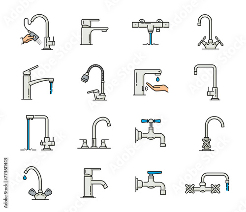 Tap bathroom and kitchen faucet icons of bath water sink, vector outline symbols. Kitchen or bathroom tap faucet types with water drops, hands and valves and mist pipe in line pictograms