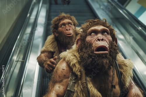 Two Neanderthals using escalators, one of them looking amazed.