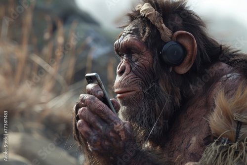 Neanderthal using a voice activated assistant to play music, speaking in a blend of ancient and modern languages.