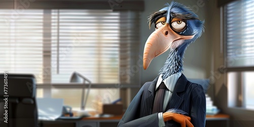 Dodo bird wearing a suit in an office,  photo