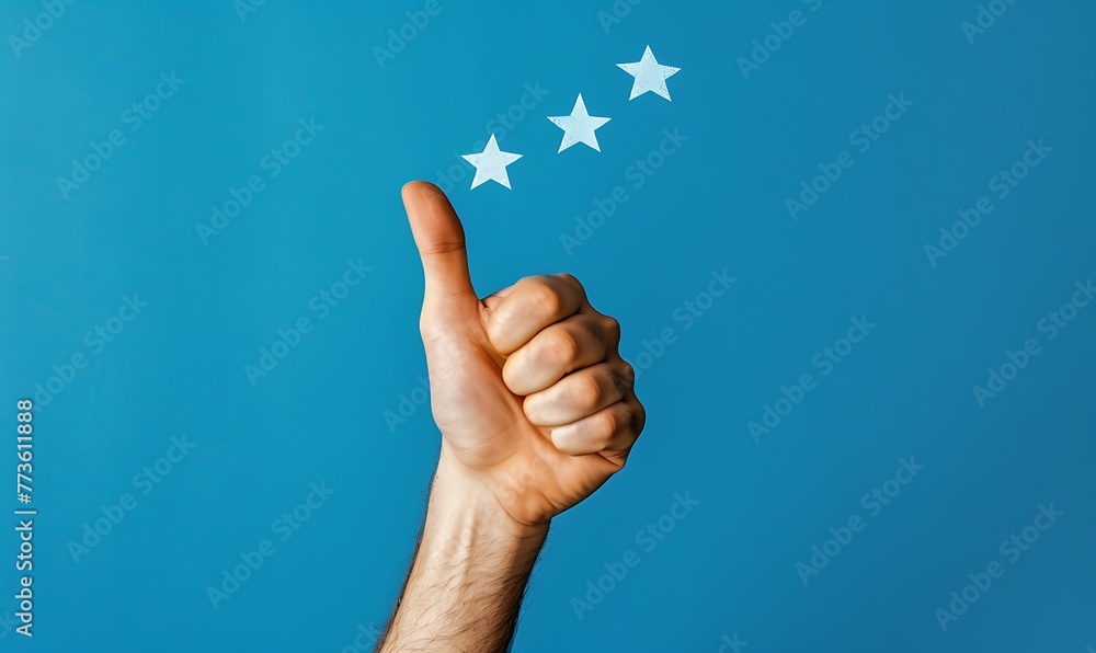 Man's hand with thumbs up and 3 stars, expressing satisfaction against blue backdrop Man's hand with thumbs up and 3 stars, expressing satisfaction against blue backdrop