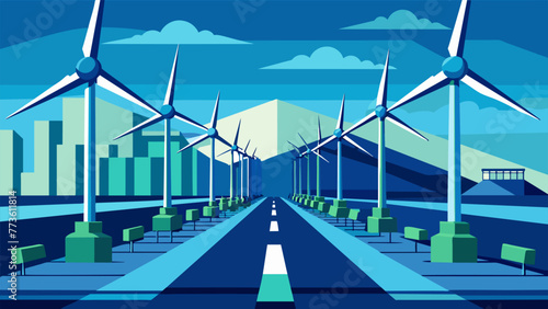 Rows of sleek futuristiclooking wind turbines are positioned strategically throughout a manufacturing plant harnessing the power of the wind to