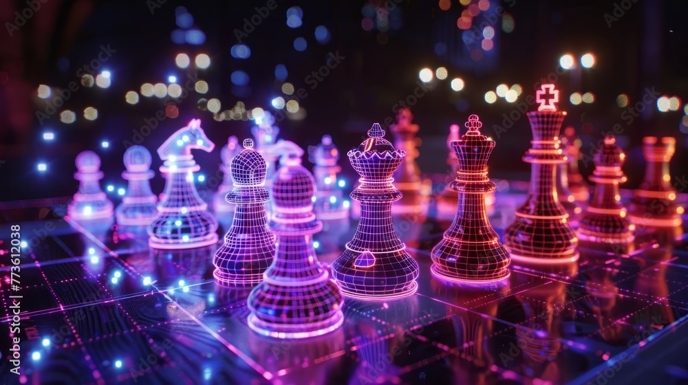A futuristic chessboard with holographic pieces, symbolizing innovation and adaptation in corporate strategy A futuristic chessboard with holographic pieces, symbolizing innovation and adaptation in corporate strategy