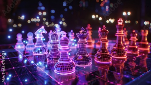 A futuristic chessboard with holographic pieces, symbolizing innovation and adaptation in corporate strategy