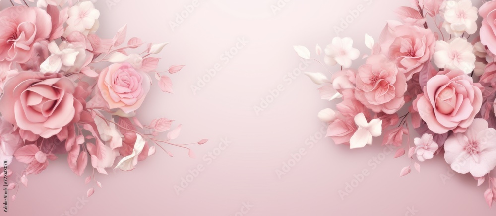 Pink roses and delicate white butterflies adorning a soft pink background create a charming and elegant scene