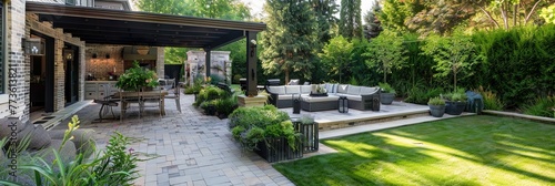 Backyard patio garden - brick porch with patio furniture and vegetation © Brian
