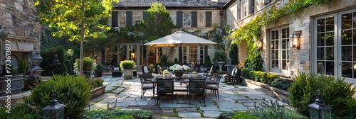 Backyard patio garden - brick porch with patio furniture and vegetation