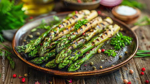 Grilled Asparagus Spears on Rustic Plate with Seasonings