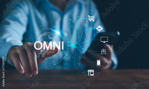 Omnichannel marketing business strategy concept. Digital online marketing and customer engagement by integrated channels. Global linked transfer communication lines. Omnichannel online retail business photo