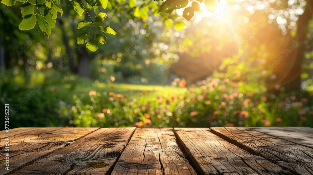 rustic wooden table with forest summer background with copy space for products, Generative AI rustic wooden table with forest summer background with copy space for products, Generative AI