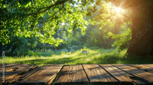 rustic wooden table with forest summer background with copy space for products, Generative AI