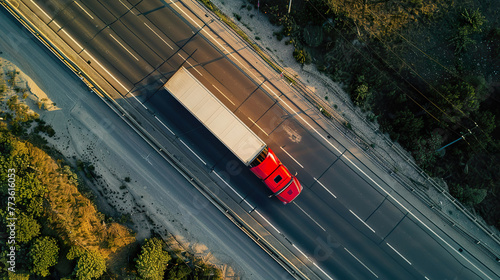 Aerial View of Red Logistic Truck on Highway in Lush Environment