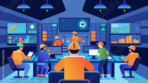 A brightly lit control room where engineers and technicians oversee the deployment and maintenance of secure network architectures using