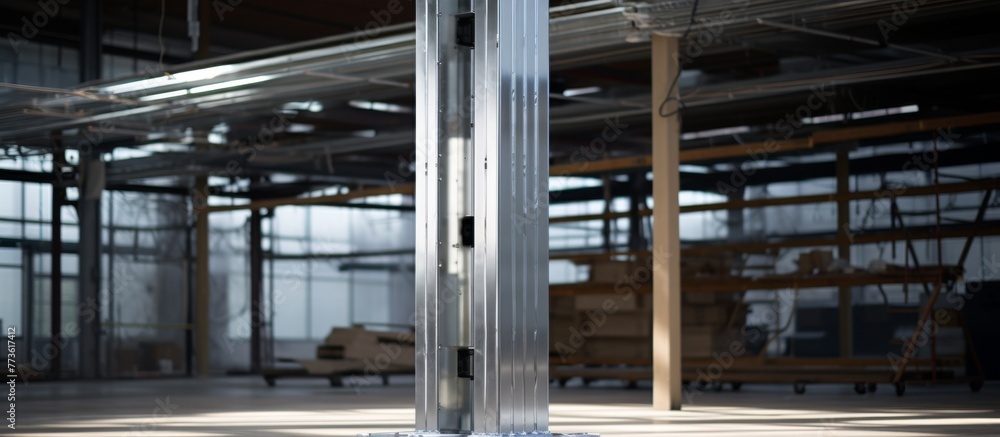 Tall shiny metal pole inside a spacious building filled with numerous glass windows and natural light