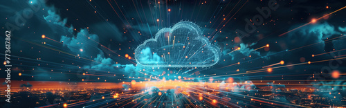 A computer generated image of a cloud with a city in the background. Cloud computing and digital data transfer with computing networked across cities country and globe with virtualization 