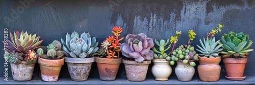 Succulent plants in colorful pots on a shelf