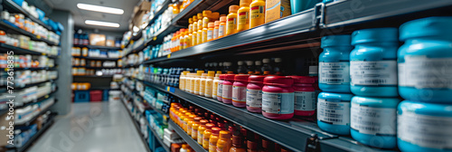 shopping cart in supermarket,
 A Shelf of Medical Products in a Pharmacy photo