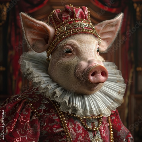 Pig dressed in Elizabethan attire, whimsical twist on historical fashion, vibrant scene, 3D illustration ,3d illustration. photo