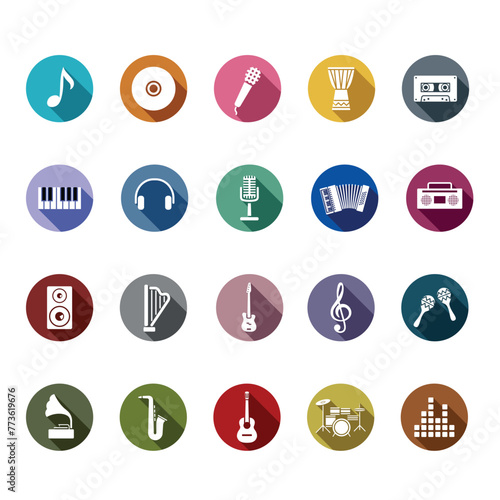 Set of Music icons with long shadow flat vector isolated on white background. Element for music concept. Symbol for web