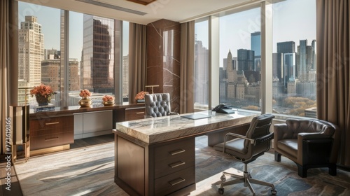 An executive office suite with a commanding marble desk, plush leather seating, and panoramic views of a vibrant urban skyline through expansive windows