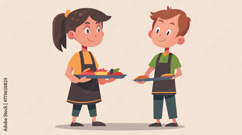 Boy and girl holding food tray illustration flat ca