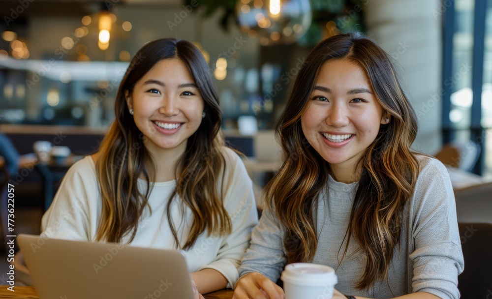 two young Asian women smiling and sitting in front of their laptops, with a modern office space as the background. two young Asian women smiling and sitting in front of their laptops, with a modern office space as the background.