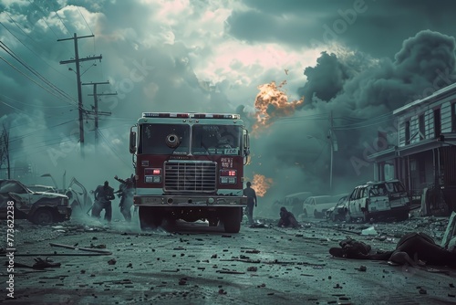 Fire Truck Driving in The Middle of Zombies Horde