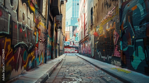 A sprawling largerthanlife graffiti piece covers an entire alleyway depicting a sprawling cityscape with a blend of realistic and abstract elements.