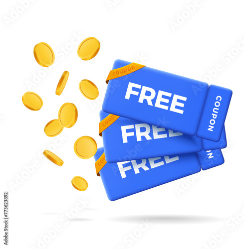 3d stack of coupons with gold coins, isolated background. Voucher card cash back template design with coupon code promotion. Premium special price offers sale coupon. 3d vector gift voucher, exchange