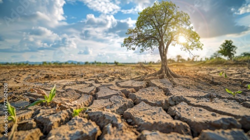 Trees grown in dry, cracked, dry soil in the dry season, global warming 