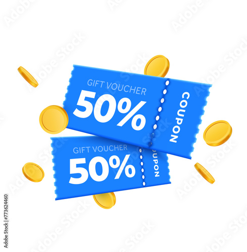 3d couple of coupons with promotional code percentage with golden coins. Special giveway with coupons or vouchers. Gift voucher and gold coin template. 3d vector illustration. Vector illustration
