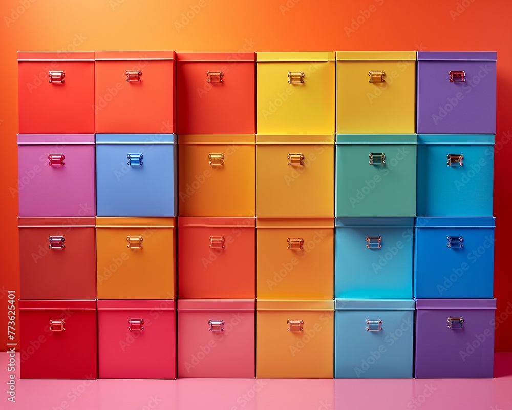 Colorful wardrobe boxes arranged on a background, indicating the dynamic nature of fashion and storage solutions, vibrant
