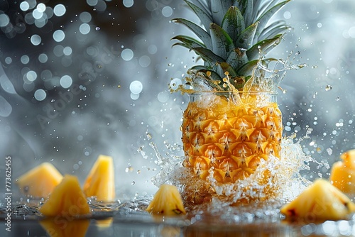 Dramatic Fruit Juice Splash, Fresh Pineapple and Glass Composition, Energetic Movement