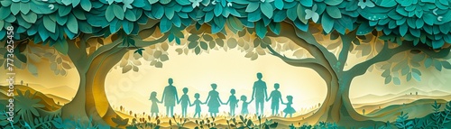 Design a heartwarming paper cut advertisement for a family reunion event, featuring a tree with family members as leaves photo