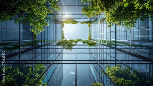 Eco-office buildings with greenery, reflective glass, low angle, clear skies, detailed 3D model, super detailed