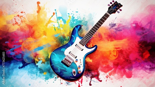 Explosion of Colors with Electric Guitar - A vibrant electric guitar emerges from a colorful abstract splash background.