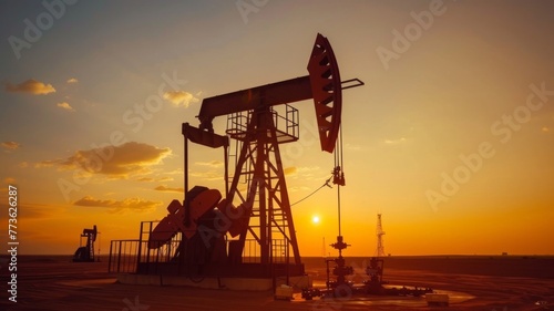 Oil Pump Jack at Sunset - Silhouette of a pump jack against the golden sunset sky.