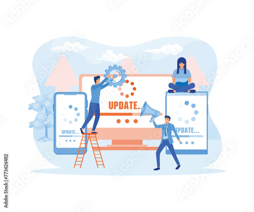 Update software mini people work with upgrade system. flat vector modern illustration