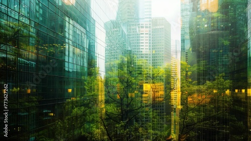 Urban Oasis: Trees Amongst Skyscrapers - A vibrant cityscape blending greenery with towering glass buildings, evoking a tranquil, yet modern feel.