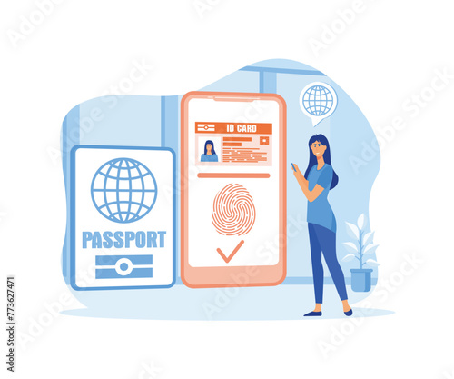Smart ID card. Biometric documents in smartphone app. Electronic identity card. Digital passport and Driver license. flat vector modern illustration