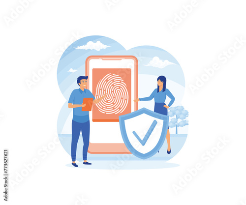Biometric authentication concept. Privacy and recognition, Biometric access control, Fingerprint screening security system. flat vector modern illustration