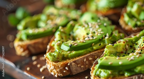 Avocado toast with hemp seeds on gray plate. Healthy vegan food concept