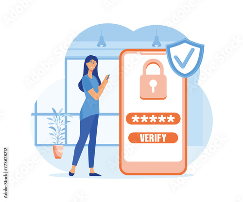 Woman using security OTP one time password verification for mobile app on smartphone screen. flat vector modern illustration