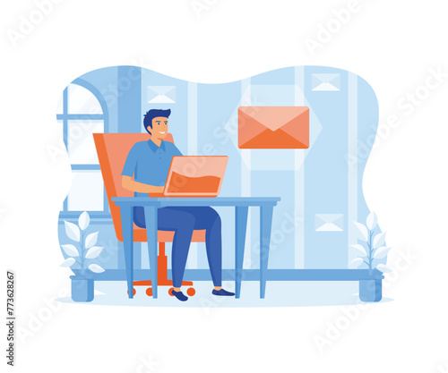 Mail service concept. Man with computer sending letters online, isolated on white background. flat vector modern illustration