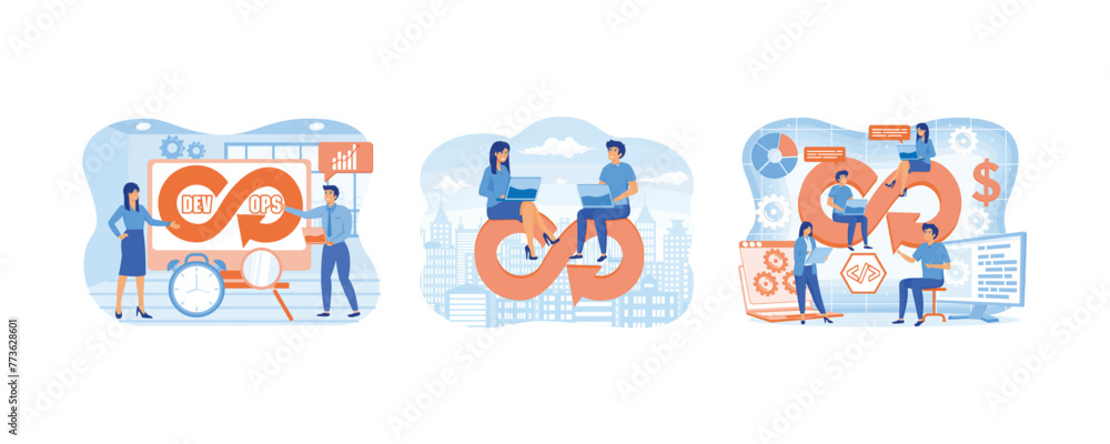 DevOps developers work with automation process in shape of infinity sign. business people working with computers on the Devops cycle. DevOps engineers web design with people. DevOps developers work with automation process in shape of infinity sign. business people working with computers on the Devops cycle. DevOps engineers web design with people.