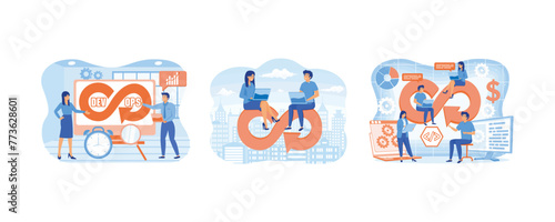 DevOps developers work with automation process in shape of infinity sign. business people working with computers on the Devops cycle. DevOps engineers web design with people. 