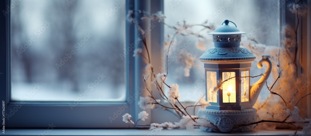 The lantern is placed on the edge of a windowsill, casting a warm glow in the room