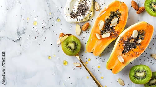 Papaya Yogurt Boat: two papaya halves with kiwi, chia seeds and almonds on top. Healthy diet summer food. Healthy fruit bowls. Fruit salad, Top view on a white marble table. Generative AI photo