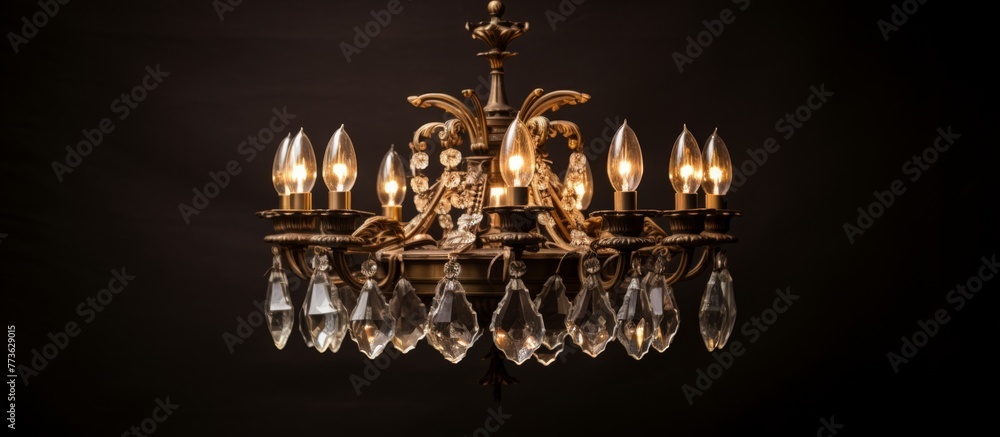 The detailed view of an ornate chandelier adorned with numerous illuminated lights hanging from above The detailed view of an ornate chandelier adorned with numerous illuminated lights hanging from above